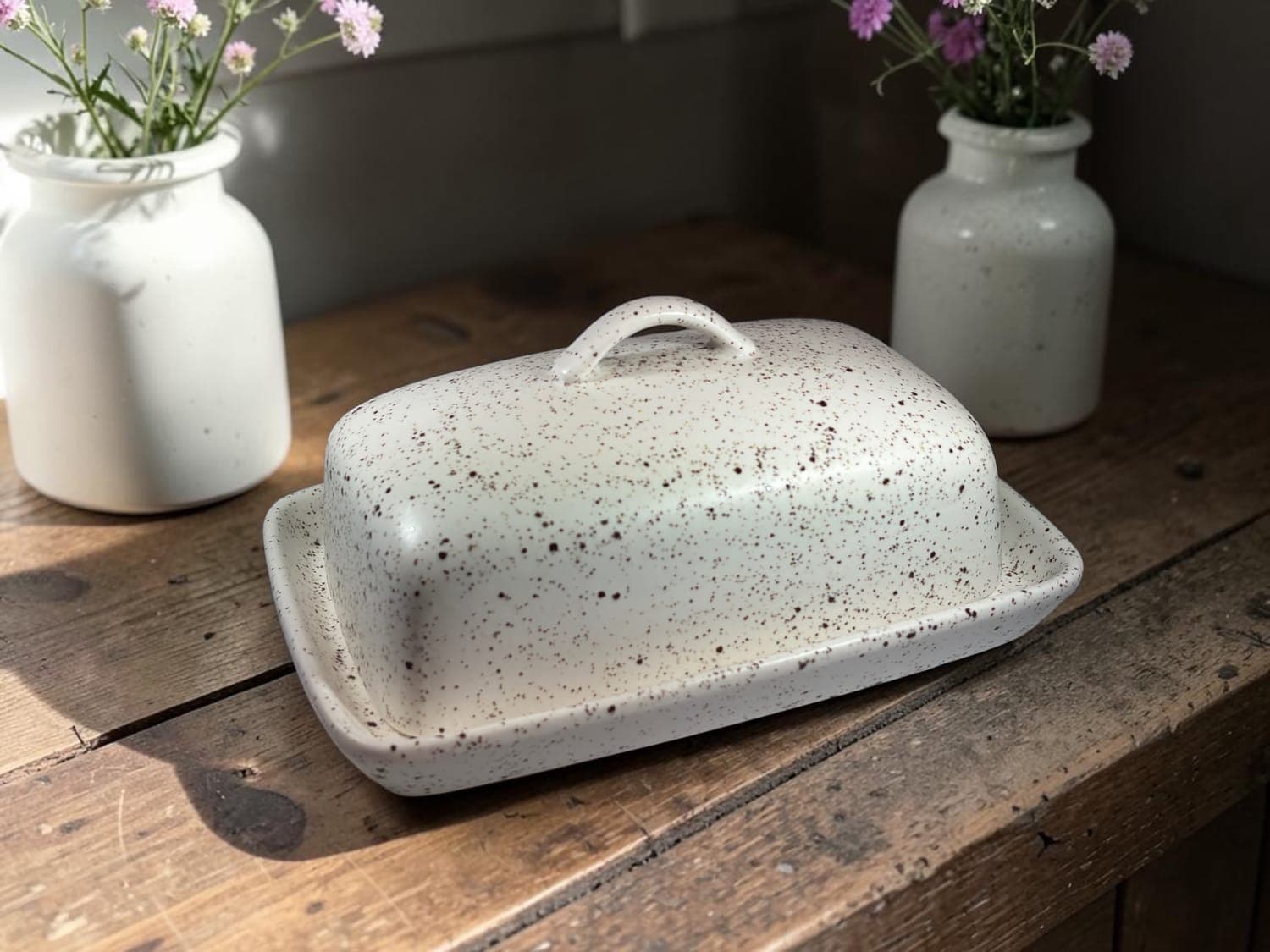 Speckled White Stoneware Butter Dish